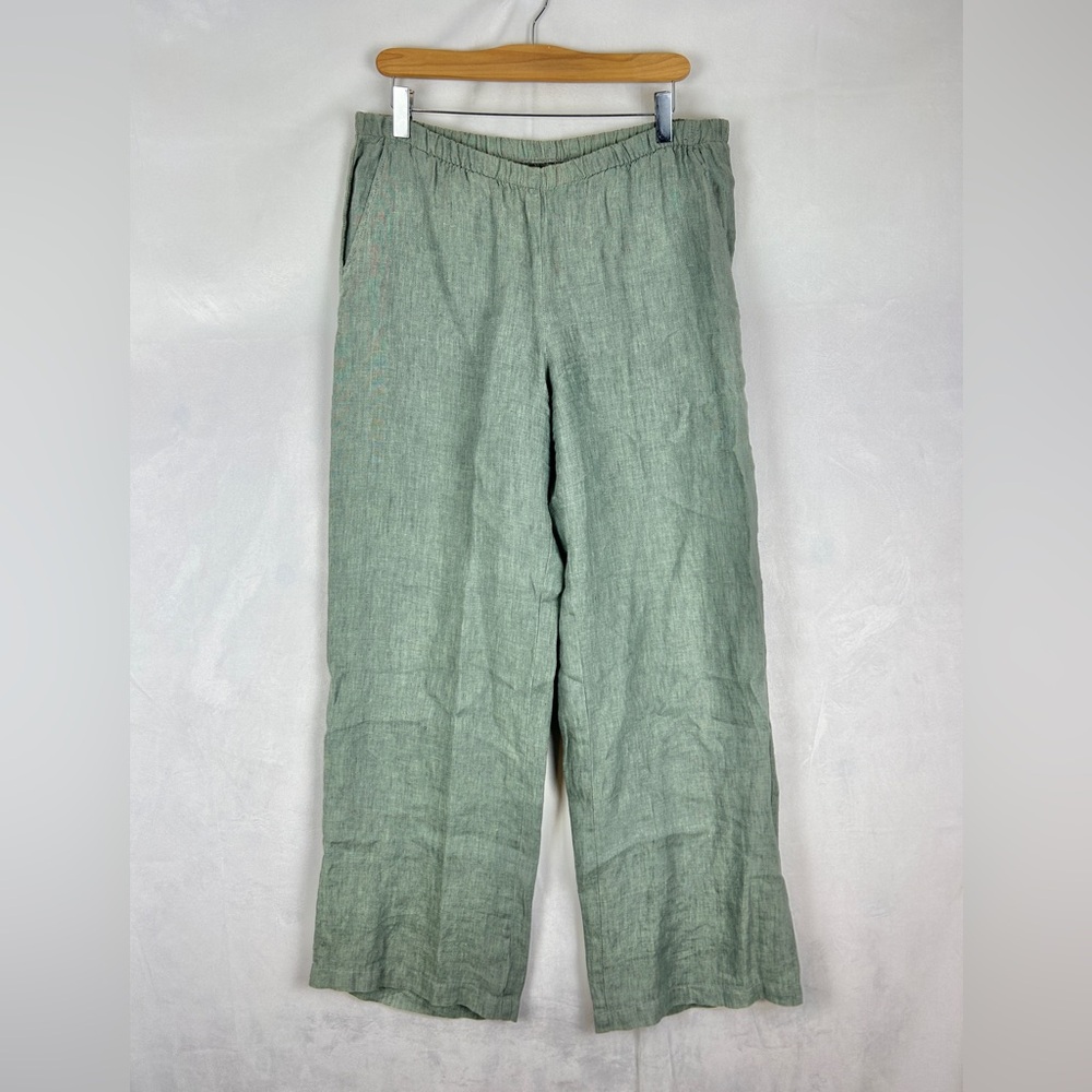 FLAX 100% Linen Wide Leg Pants Sage Green Size Small Oversized Pull On Lagenlook